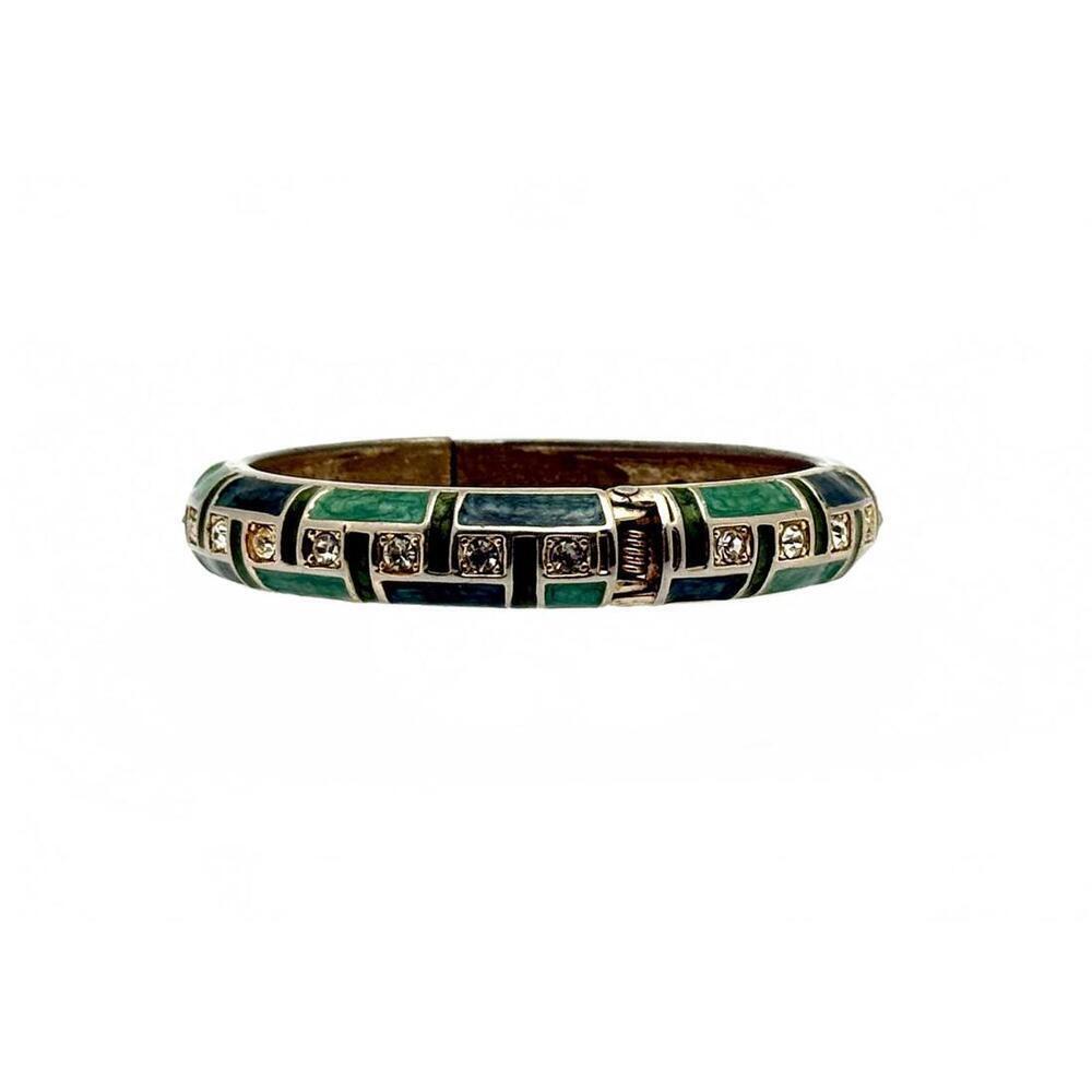 Green Enamel Hinged Bangle Bracelet w/ Rhinestones – Gold Tone – Vintage Style - Picture 3 of 8